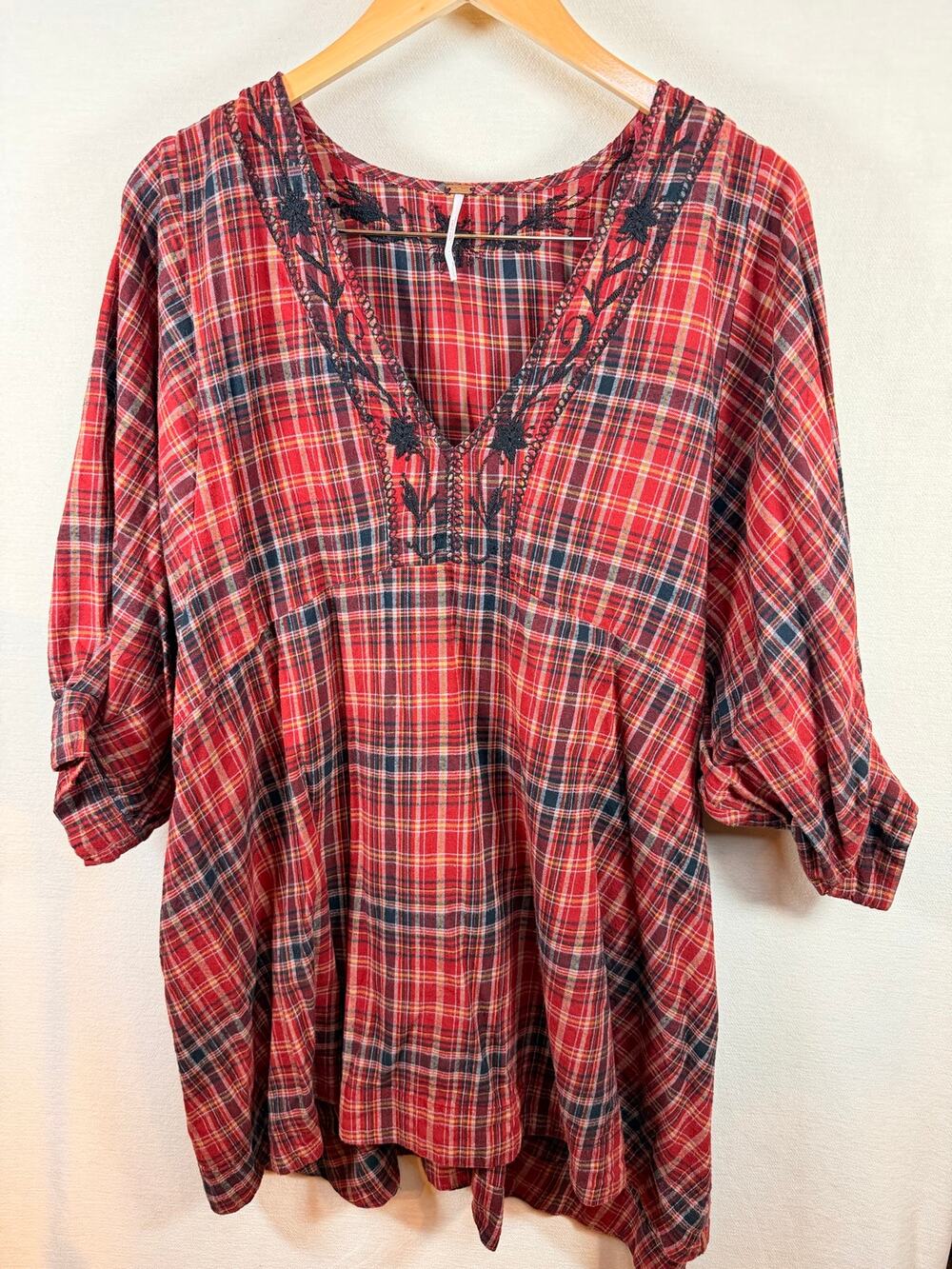 Free People Red Plaid Embroidered Tunic Top Size L Boho Oversized
